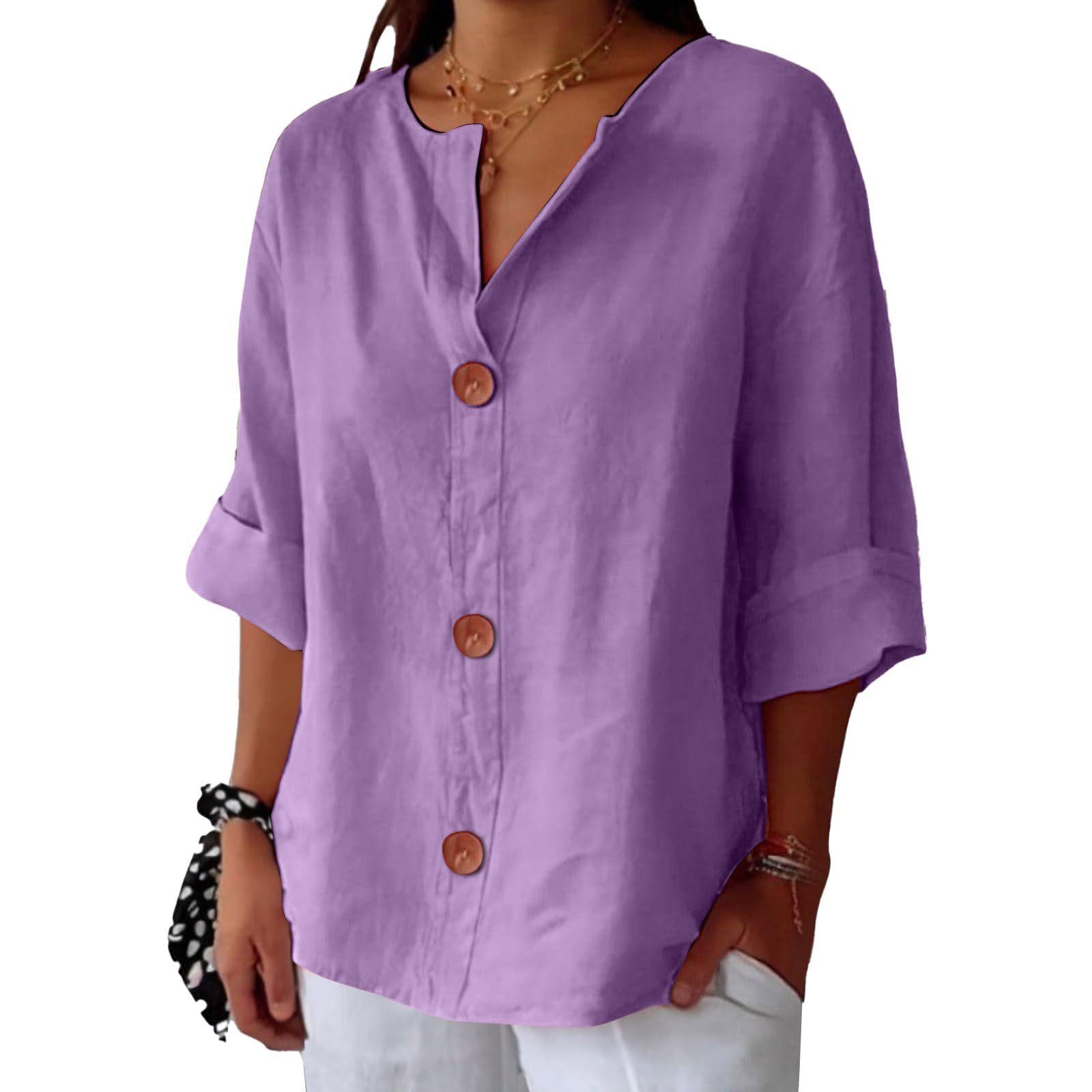 Blouse violette à boutons, manches 3/4, style bohème féminin