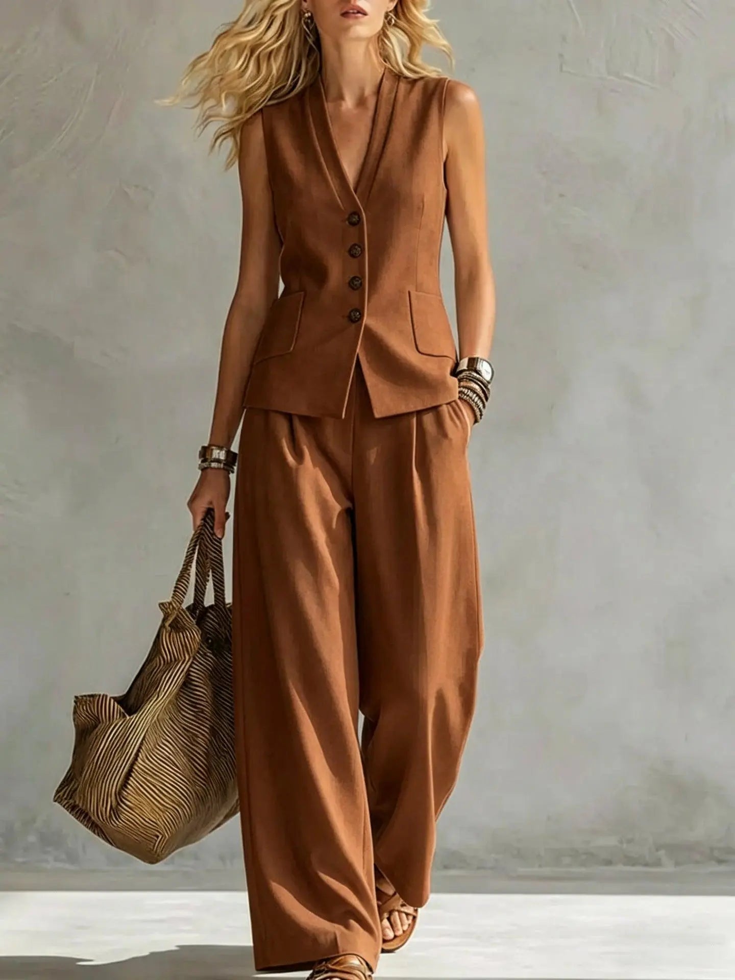 Tenue féminine élégante marron : gilet boutonné et pantalon large, style moderne et chic