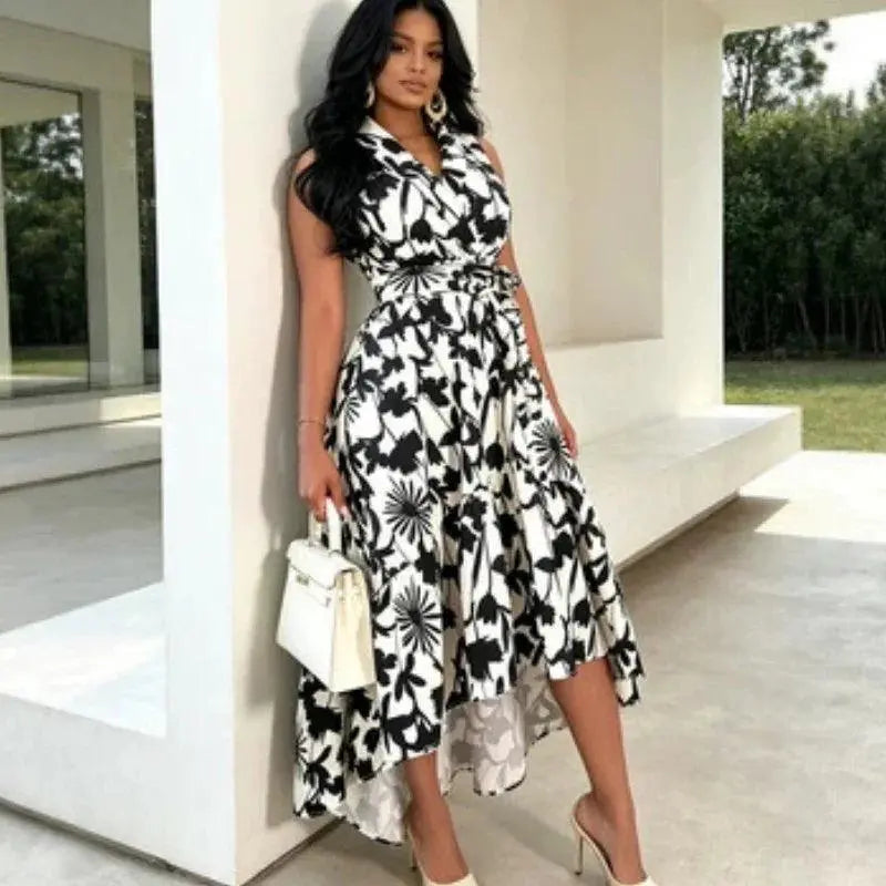 Robe bohème imprimée fleurs noires et blanches, manches courtes, taille élastiquée, style féminin élégant