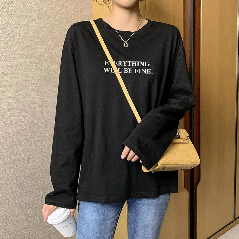 T-shirt noir à manches longues avec inscription 'Everything Will Be Fine', style féminin décontracté