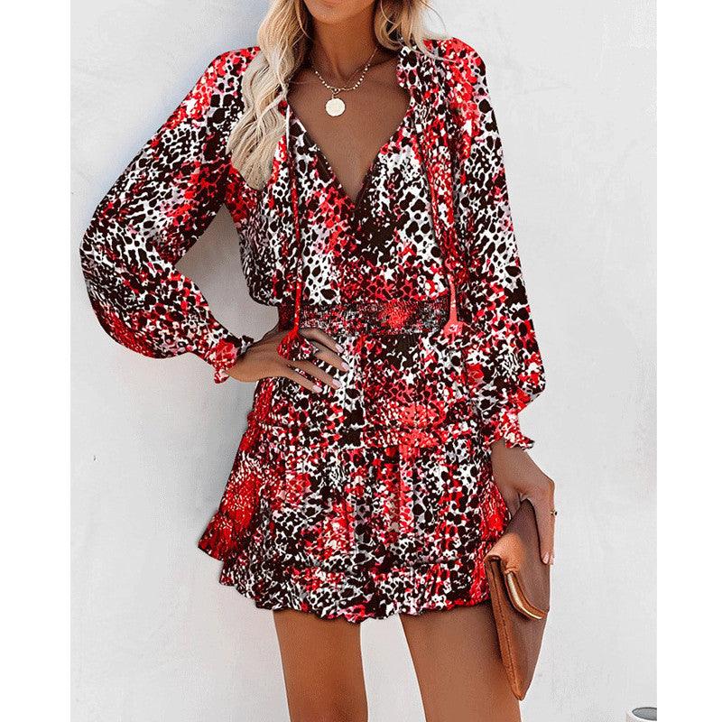 Robe bohème imprimée léopard rouge et noire, manches longues, col en V, pour mode féminine