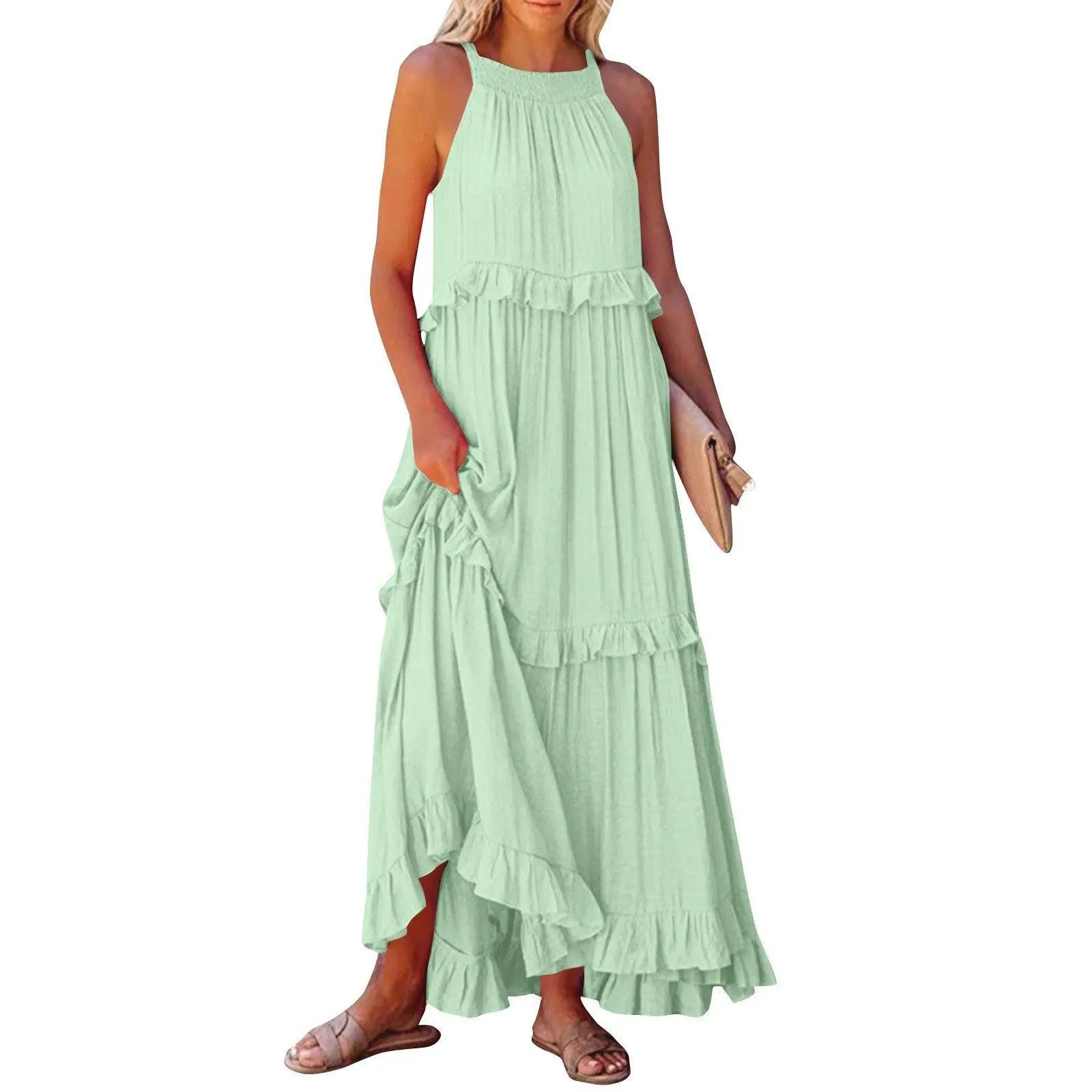 Robe longue bohème menthe à volants, idéale pour l'été et les occasions féminines