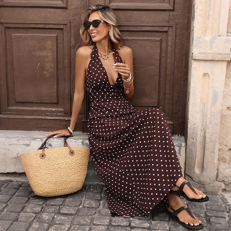 Robe bohème à pois marron pour femme, idéale pour les occasions estivales et décontractées
