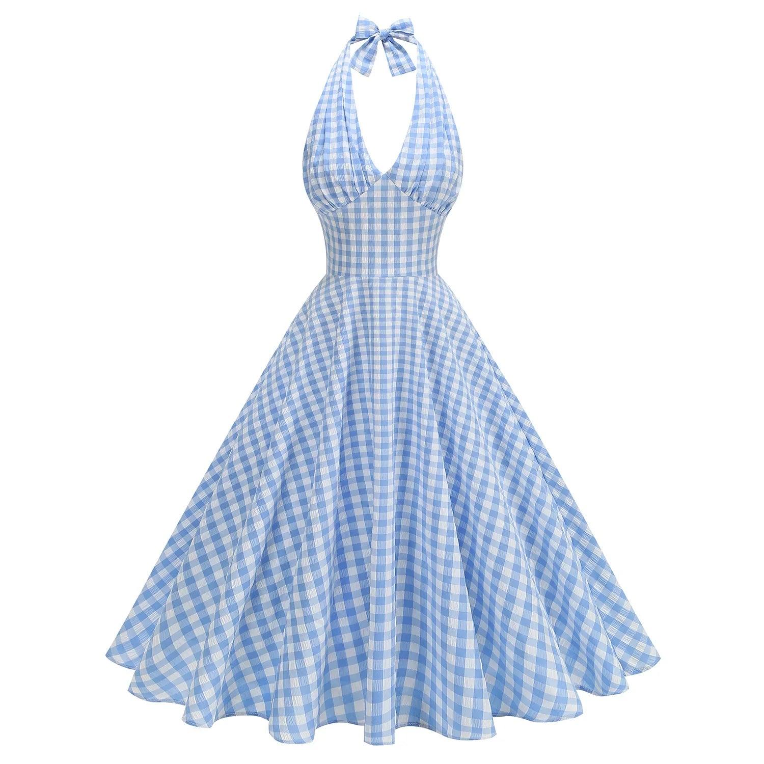 Robe bohème bleue à carreaux, col halter avec nœud, taille cintrée, style féminin élégant