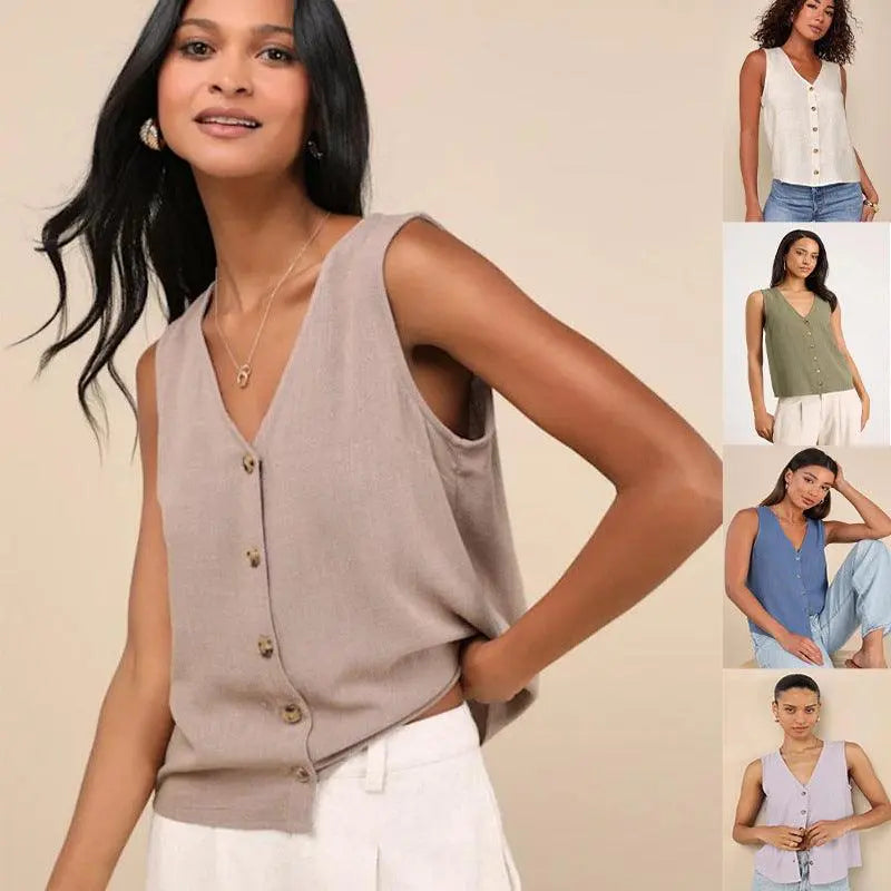 Top sans manches féminin à boutons, style élégant et décontracté, disponible en plusieurs couleurs
