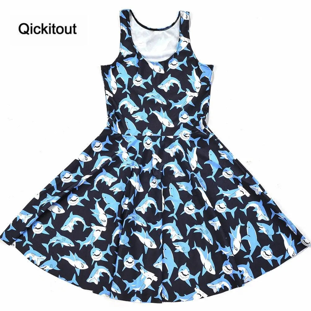Girls Slim Women Dress Digital Print Submarine shark jump dress Summer Sleeveless Beach DRESS vestidos-0
