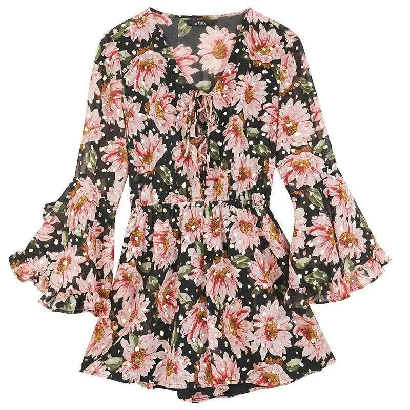 Floral Print Casual Women Vintage Dress,Summer Ruffle Full Sleeve Sweety Ladies Bohemia Holiday Beach Dress-0
