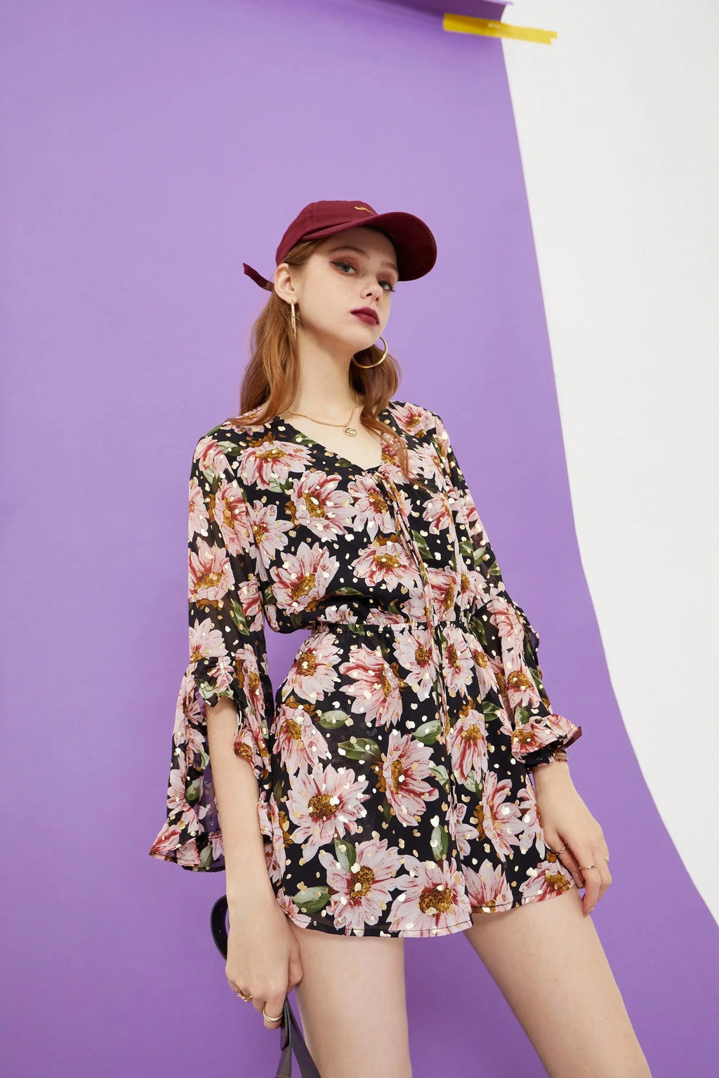 Floral Print Casual Women Vintage Dress,Summer Ruffle Full Sleeve Sweety Ladies Bohemia Holiday Beach Dress-1