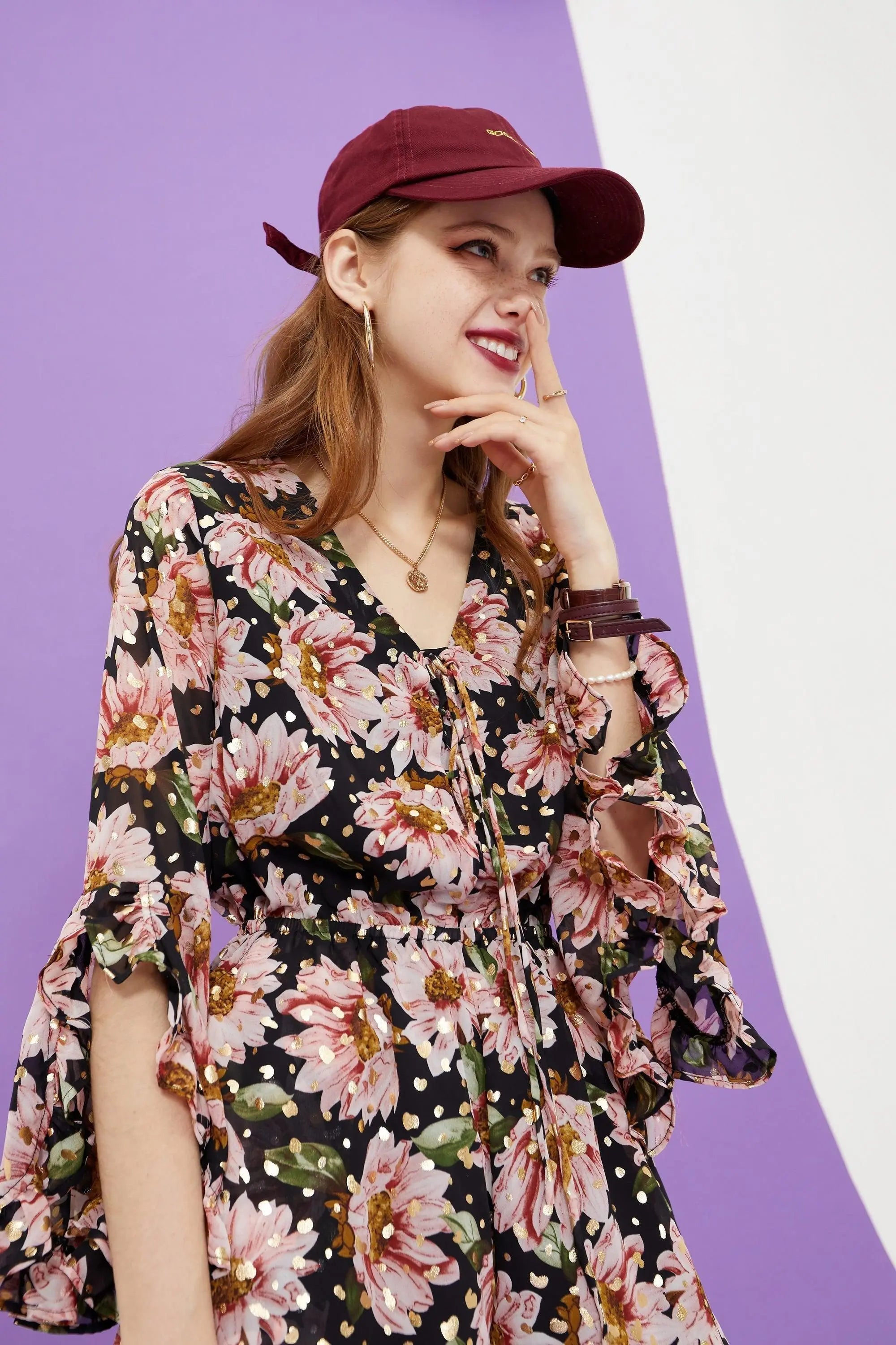 Floral Print Casual Women Vintage Dress,Summer Ruffle Full Sleeve Sweety Ladies Bohemia Holiday Beach Dress-2