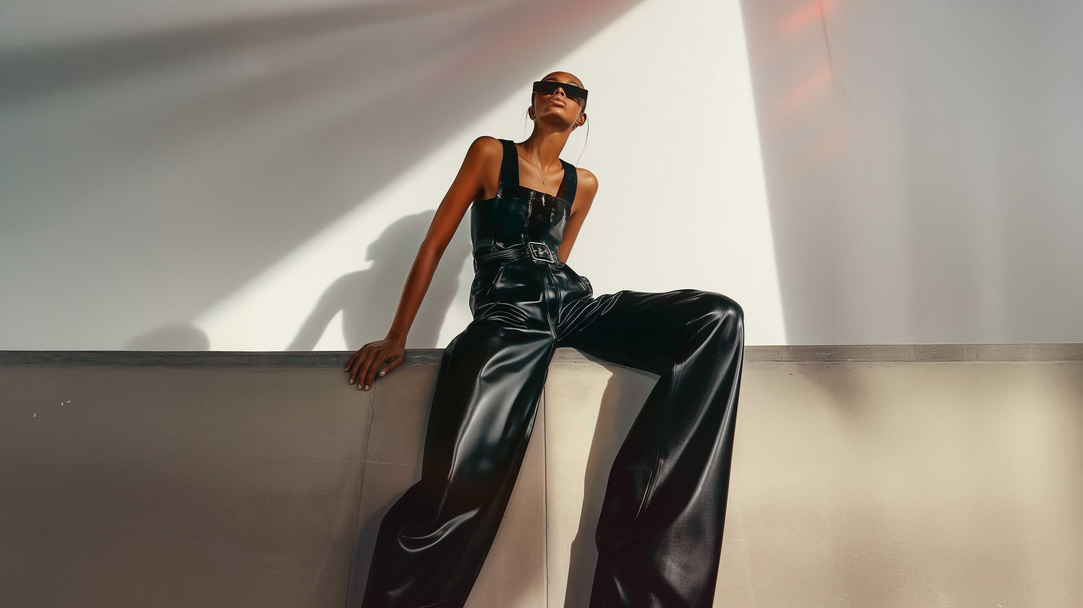 Combinaison noire en simili-cuir pour femme, style moderne et élégant, idéale pour la mode féminine.